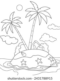 Una isla con palmeras, estrellas de mar y conchas. Dibujo para colorear, ilustración vectorial en blanco y negro.