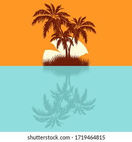 the island with palm trees in the sunset