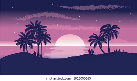 An island with palm trees at sunset. Travel to tropical countries