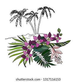 Island with palm trees and tropical plants. Vector illustration.