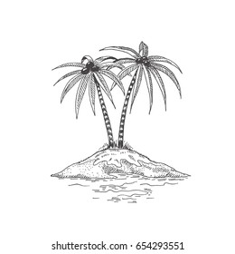 Island with palm trees. Vector sketch objects isolated on white background.