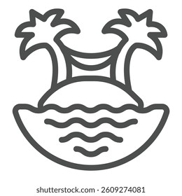 Island with palm trees at water line icon, eco tourism concept. Vector graphics. Tropical trees hammock at sea waves sign on white background, outline style icon for mobile or web design