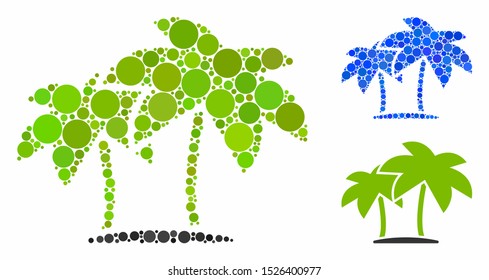 Island palms composition for island palms icon of small circles in various sizes and color hues. Vector small circles are composed into blue mosaic.