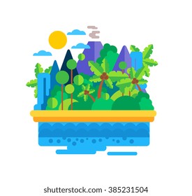 Island with Palms and Mountains. Flat Vector Illustration