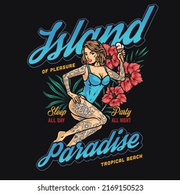 Island paradise vintage afiche colorido hermosa chica de la playa tropical bronceado en traje de baño cerca de las flores pasa los fines de semana de verano ilustración vectorial