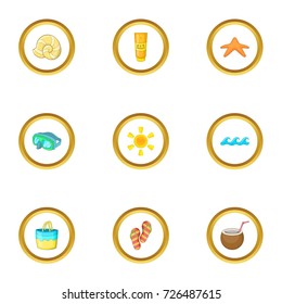 Island party icons set. cartoon style set of 9 island party vector icons for web design