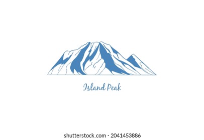 Island Peak mountain in Sagarmatha National Park of the Himalaya, popular climbing destination. Mountain vector icon for logo, emblem, banner for mountain climbing, hiking trails, in linear style.