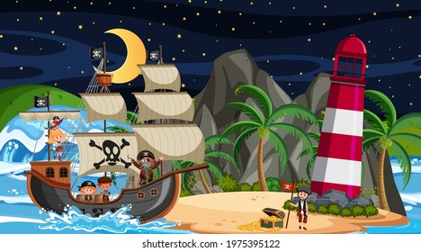 Island with Pirate ship at night scene in cartoon style illustration