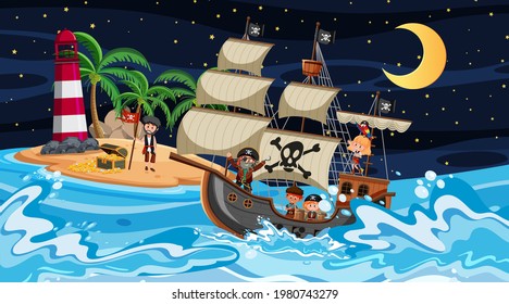 Island with Pirate ship at night scene in cartoon style illustration