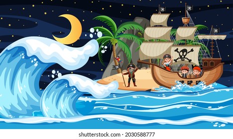 Island with Pirate ship at night scene in cartoon style illustration