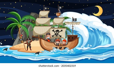 Island with Pirate ship at night scene in cartoon style illustration