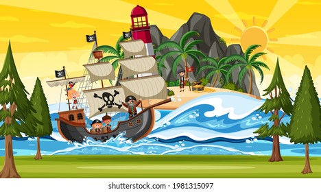 Island with Pirate ship at sunset scene in cartoon style illustration