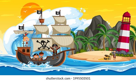 Island with Pirate ship at sunset scene in cartoon style illustration