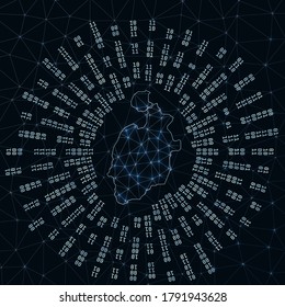 Island of Providencia digital map. Binary rays radiating around glowing island. Internet connections and data exchange design. Vector illustration.