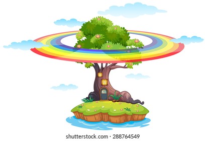 Island with rainbow around the tree