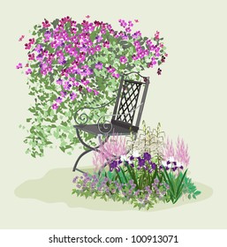 The island for relaxing in the garden. A place to relax among the flowers. Blooming paradise.
