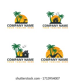 Island Resort Sunset Logo Vector Design. Summer Holiday Beach Logo for your Tourism Business Company or for your Design Vector Element.