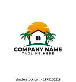 Island Resort Sunset Logo Vector Design. Summer Holiday Beach Logo for your Tourism Business Company or for your Design Vector Element.