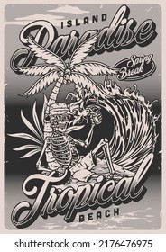 Island rest flyer monochrome vintage tourist skeleton under palm tree and ocean waves with words tropical paradise vector illustration