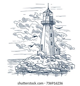 Island with rocks and lighthouse sketch, birds near clouds. Island with beacon or searchlight that light path for sailors. Marine hazard detection and seashore, sea and ocean, architecture theme