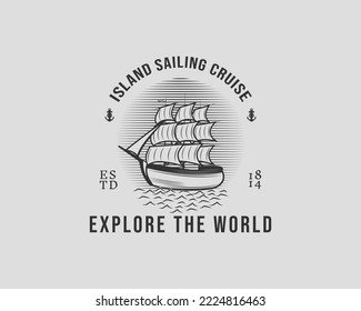 Island sailing cruise, explore the world. Logo, patch for clothes, sticker, tattoo, vector illustration