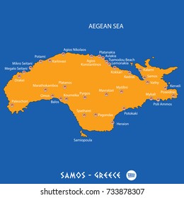 Island of Samos in Greece orange map art and blue background