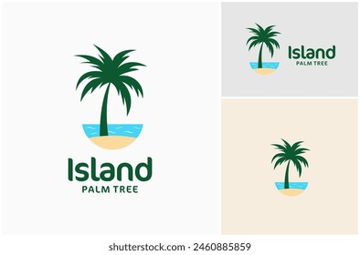 Island Sand Coast Beach Sea Water Wave Palm Tree Nature Landscape Vector Logo Design Illustration