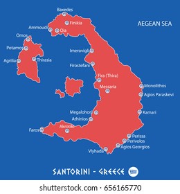 island of santorini in greece red map illustration in colorful