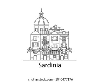 The island of Sardinia. European houses. Different sizes and constructions. Old houses of Europe Flat vector in lines.