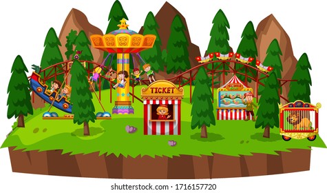 Island scene with many kids playing on circus rides illustration