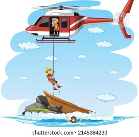 Island scene with rescue in cartoon style illustration