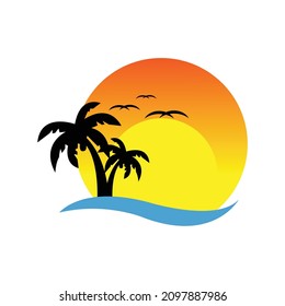 vectores de paisaje isleño, hermosa isla con troncos de coco y luz de puesta de sol amarillo brillante