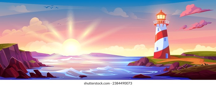 Costa del mar de la isla con faro sobre la puesta de sol de ilustración vectorial. Casa de luz sobre el cielo rosado y luz de sol amarilla pacífica frente al paisaje. La costa de roca náutica en diseño nocturno