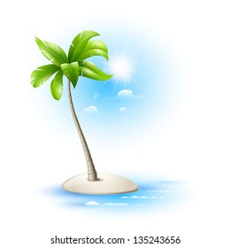 Island in the sea with coconut tree and sun. Tropical illustration for design on a summer holiday