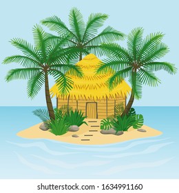 An island in the sea with a cottage and tropical plants. Beach with palm trees, monstera, jungle forest. Vector illustration.