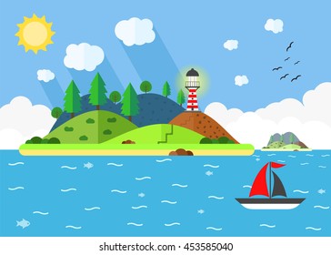 Island in the sea with lighthouse, hill, tree, and sailing ship. Summer time holiday voyage concept. Flat vector illustration. Travel background.