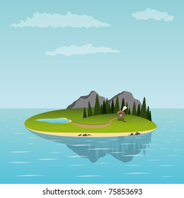 Island in the sea with small house. Vector illustration