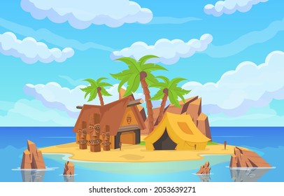 Island in the sea with statues, tents and ritual houses surrounded by sea water and blue sky above. Vector cartoon seascape with palm trees and rock mountains on sand beach