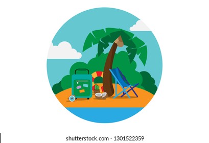 Island in the sea with a suitcase, a Chair and a compass, lifeline and palm trees with coconuts.