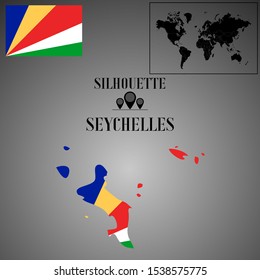 Island Seuchelles outline world map silhouette vector illustration, creative design background, national country flag, objects, element, symbols from countries all continents set.