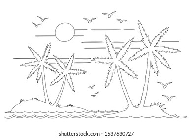Island silhouette line art in the ocean, tourist trip, seagulls, palm trees, sunset. island in the ocean. Vector image. Loneliness. One on island