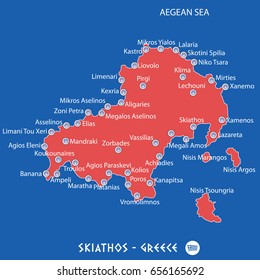 island of skiathos in greece red map illustration in colorful