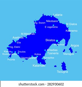 Island of Skiathos in Greece vector map silhouette isolated on blue background.