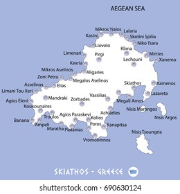 island of skiathos in greece white map and blue background illustration in colorful