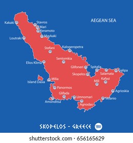 island of skopelos in greece red map illustration in colorful