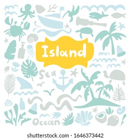 Island stock vector set. Sea life, ocean trip, underwater world, summer marine cruise, pier cartoon design elements. Doodle flat illustration. Calm shades of grey and mint. Bleached tender colors