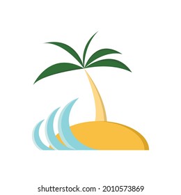 Isla, ilustraciones vectoriales de tendencia digital de verano, diseño moderno, logo, icono, olas de color azul claro, hojas de agua de marea verde, palmera de oro de Fortuna.  Ilustración de verano, pancarta, afiche, postal, viaje 