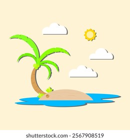 an island in summer. summer theme. holiday theme. island, beach, coconut tree, cloud, sun, sea. vector illustration