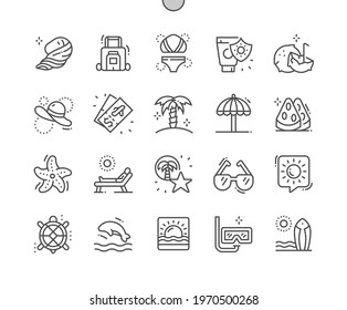 Island. Summer travel and vacation. Diving, surfing and sea beach. Pixel Perfect Vector Thin Line Icons. Simple Minimal Pictogram