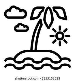 Island with sun, waves and palm tree line icon, ocean concept, sunny palm beach sign on white background, tropical island with palms icon in outline style for mobile, web. Vector graphics